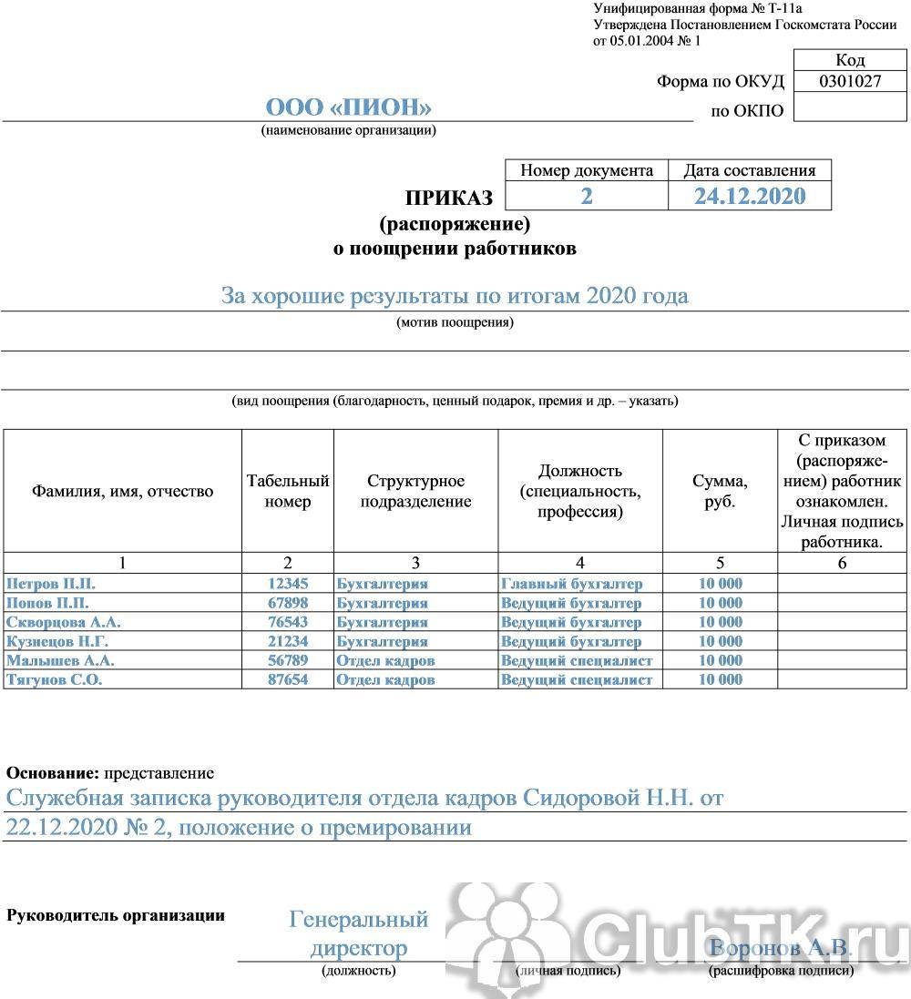 Образец приказа о премировании к новому году сотрудников образец